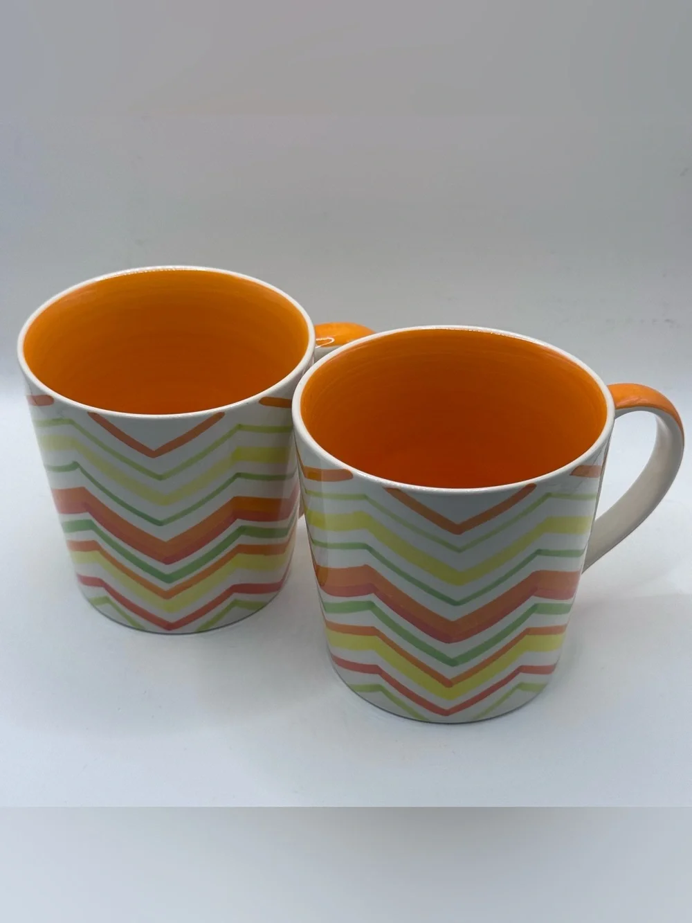 CRATE & BARREL Bright Chevron Coffee Mugs, Citrus Orange/Yellow/Green, Set Of 2